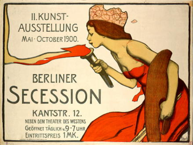 Ein Plakat aus dem Jahr 1900, das eine Berliner Secession ankündigt und eine Frau in einem roten Kleid zeigt, die ein Objekt hält, mit Text, der eventuelle Informationen enthält.