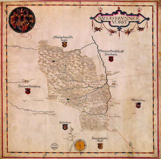 Eine 15. Jahrhundert-Karte von Bayern, die geografische Merkmale wie Flüsse, Berge und Städte zeigt, begleitet von informativem Text und Logos.