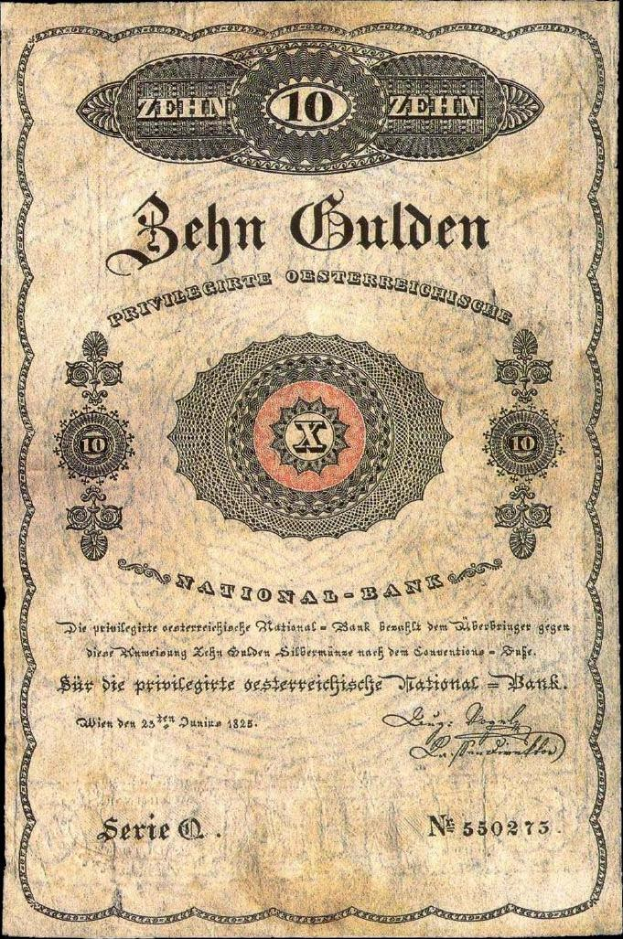 Eine alte deutsche Banknote mit schwarzem Hintergrund, die das Porträt eines Mannes, den Text "Nationalbank Deutschlands" und ein Logo am unteren Rand zeigt.