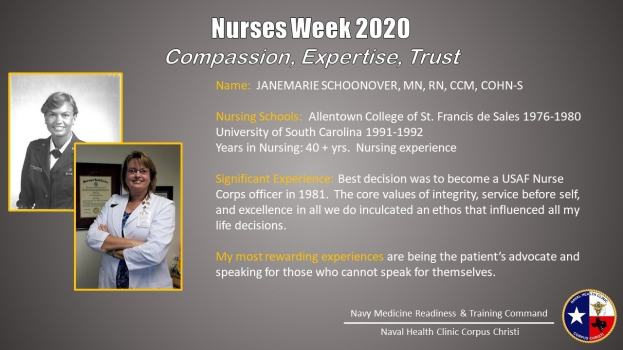 Plakat zur Nurses Week 2020 mit zwei Nurse-Fotos auf der linken Seite und Text "Compassion, Expertise, Trust" auf der rechten Seite, mit einem Logo in der rechten unteren Ecke.