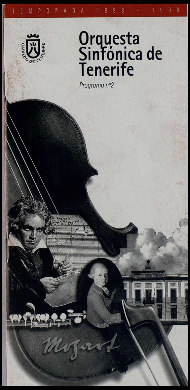 Plakat für Mozarts Symphonie Nr. 2 D-Moll, Op. 63, mit zwei Geigern im Vordergrund und einem Gebäude im Hintergrund, betitelt "Orquesta Sinfónica de Tenerife Programa Nº 2".