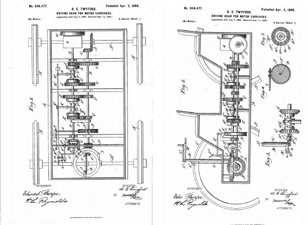 Schwarz-weißes technisches Zeichnung eines frühzeitigen, mit vielen Zahnrädern gefüllten Automobils patent auf weißem Papier mit handschriftlichen Textanmerkungen.