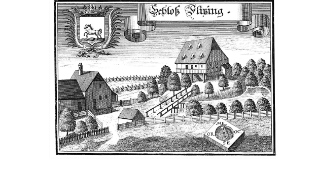 Eine Schwarz-Weiß-Zeichnung eines Bauernhofs mit Häusern, Bäumen, einem Zaun und Gras, das ein Logo mit dem Text "Seblöf Glising, das erste Haus in Deutschland" und ein Pferdebild zeigt.