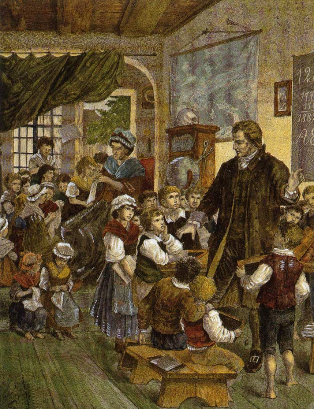 Ein Bild mit dem Titel "Der Lehrerunterricht" von William Hogarth, das einen Mann vor einer Klasse mit Kindern zeigt, einige sitzen auf Bänken und andere stehen, mit einer Tafel, einem Foto, einem Fenster, einem Vorhang und einem Dach auf der rechten Seite.