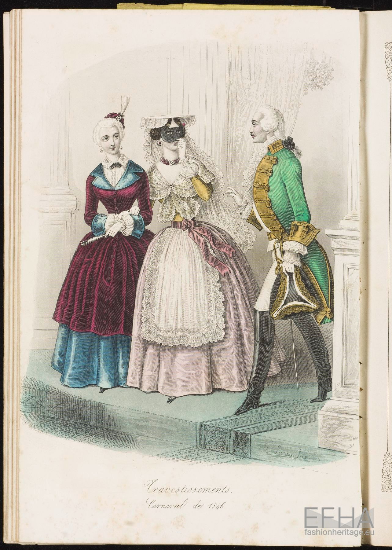 Ein aufgeschlagenes Buch mit dem Titel "Cravestissements, Carnival de 1781", das eine Zeichnung von drei Frauen in bunten, detaillierten Kleidern und einem Mann in einem grünen Anzug zeigt, wahrscheinlich aus dem 18. Jahrhundert.