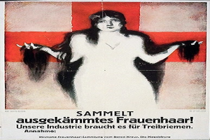 Ein deutsches Propagandaplakat mit einer Frau mit langen Haaren, mit Text, der wahrscheinlich Informationen über sie enthält.