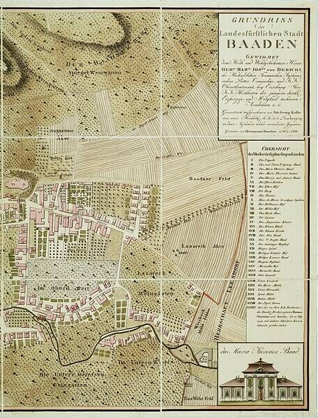 Alte detaillierte Karte von Baden-Württemberg, Deutschland, mit Straßen, Gebäuden und Sehenswürdigkeiten, mit einem Gebäude in der rechten unteren Ecke.