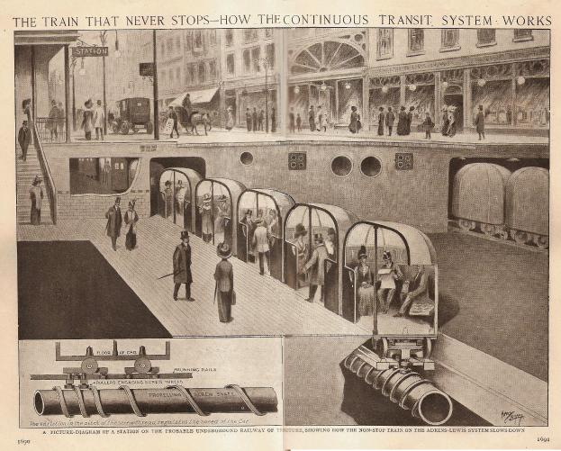 Ein Blatt Papier mit Bildern von Menschen, Zügen und anderen Gegenständen sowie der Aufschrift "Der Zug, der nie aufhört - wie das ständige Transportsystem funktioniert".