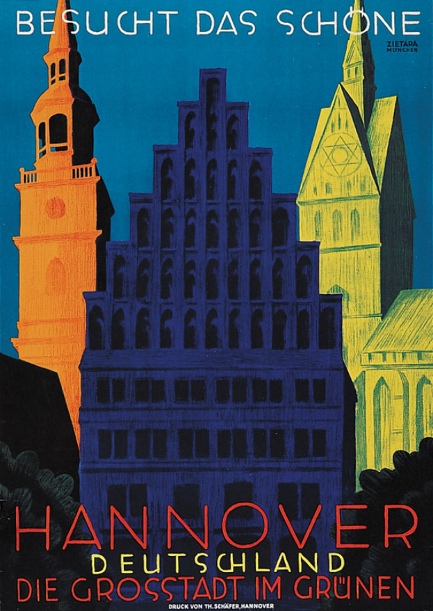 Ein Plakat, das Hannover, Deutschland, bewirbt und ein paar Gebäude, Bäume und Text enthält, der Informationen über die Stadt enthält.