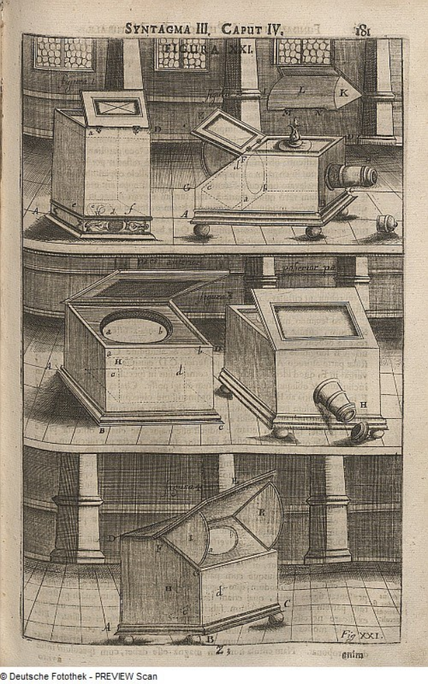 Ein abgenutztes Buch mit einer Skizze eines Stereoskops, mit sichtbarem Text und numerischen Anmerkungen auf seinen Seiten.