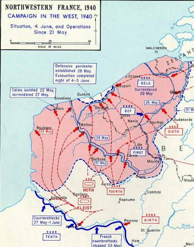 Ein Plakat, das eine detaillierte Karte von Nordfrankreich während des Westfeldzugs 1940 zeigt, mit Text und numerischen Daten annotiert.
