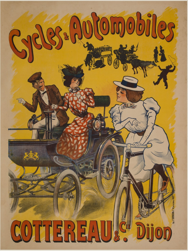 Werbeplakat für Fahrräder und Automobile in Cottereau und Dijon, Frankreich, das Menschen auf Fahrrädern und eine Kutsche zeigt, mit der Aufschrift "Fahrräder und Automobile" oben.