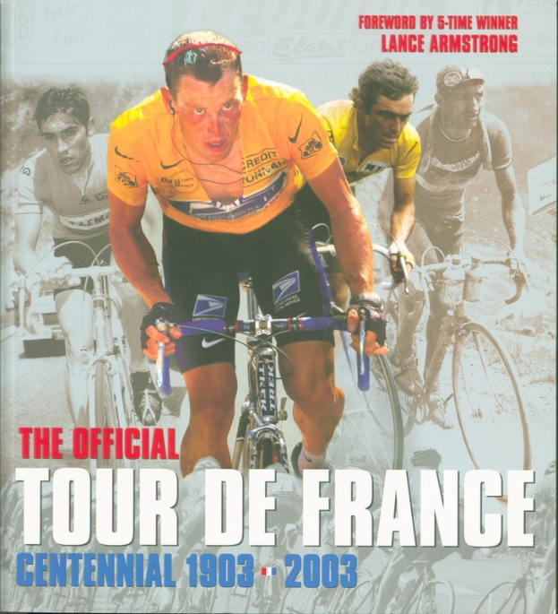 Offizielles Tour-de-France-Jubiläumsplakat (1903–2003) mit Radfahrern in einer Gruppenfahrt und Text sowie Eventdetails.