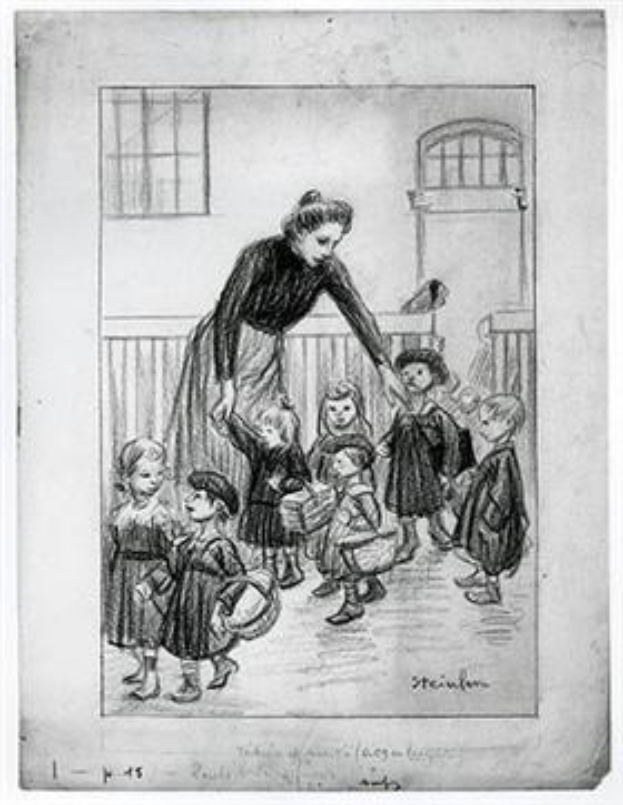 Ein Schwarz-Weiß-Zeichnung einer Frau, die vor einer Gruppe von Kindern steht, mit einer Wand, einem Fenster, einer Tür und einem Geländer im Hintergrund, betitelt "Die Kinder unterrichten" von Thomas Rowlandson.