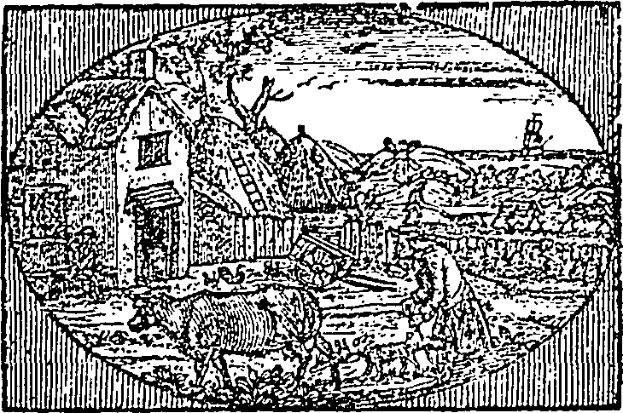 Eine Schwarz-Weiß-Zeichnung einer Farm-Szene mit einem Haus, Bäumen und einem Himmel im Hintergrund, mit dem Text "Farm-Szene mit Schafen" unten.