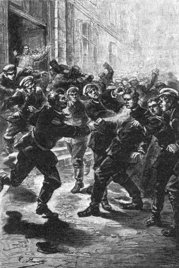 Schwarze und weiße Illustration eines gewalttätigen Straßenkampfes zwischen einer Gruppe von Männern, mit einem Gebäude im Hintergrund und der Beschriftung "Victorian riots in London, England" unten.