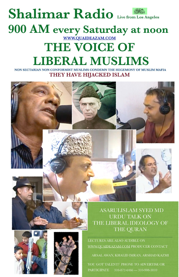 Plakat, das eine Radiosendung mit dem Titel "Die Stimme liberaler Muslime" ankündigt, mit Bildern von Menschen mit Kopfhörern und Mikrofonen in einem Gespräch.