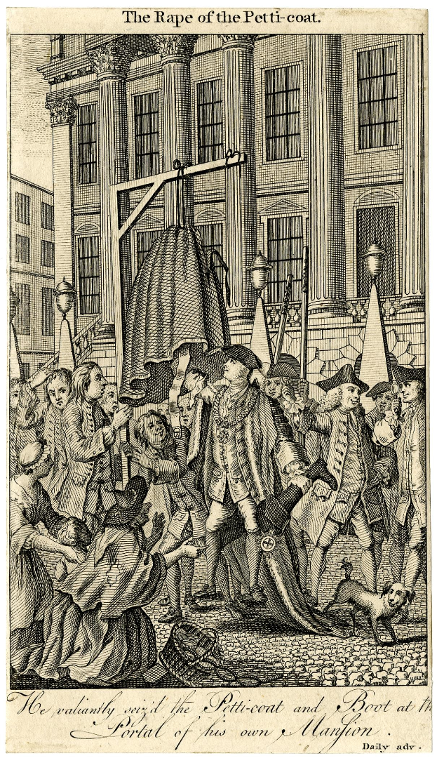 Ein Plakat mit der Aufschrift 'Die Vergewaltigung des Petit-Coat' zeigt besorgte Menschen, einen Hund und einen hohen Turm mit Fenstern unter einem tiefblauen Himmel.