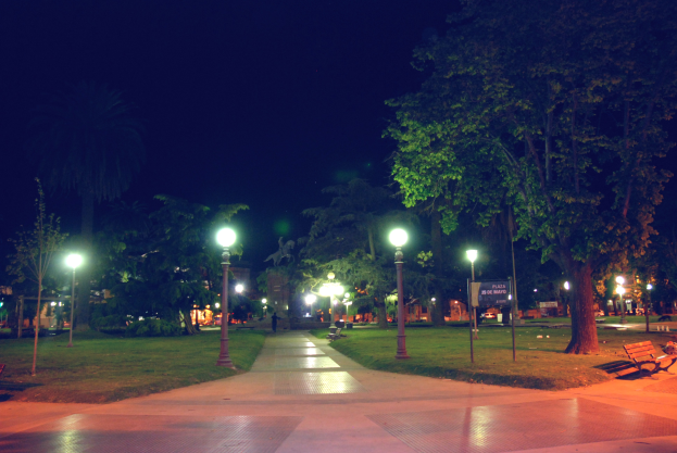 Ein Park bei Nacht mit Straßenlaternen, die einen Weg beleuchten, Bänke auf der rechten Seite, Gras, Bäume im Hintergrund und ein sichtbarer Himmel.