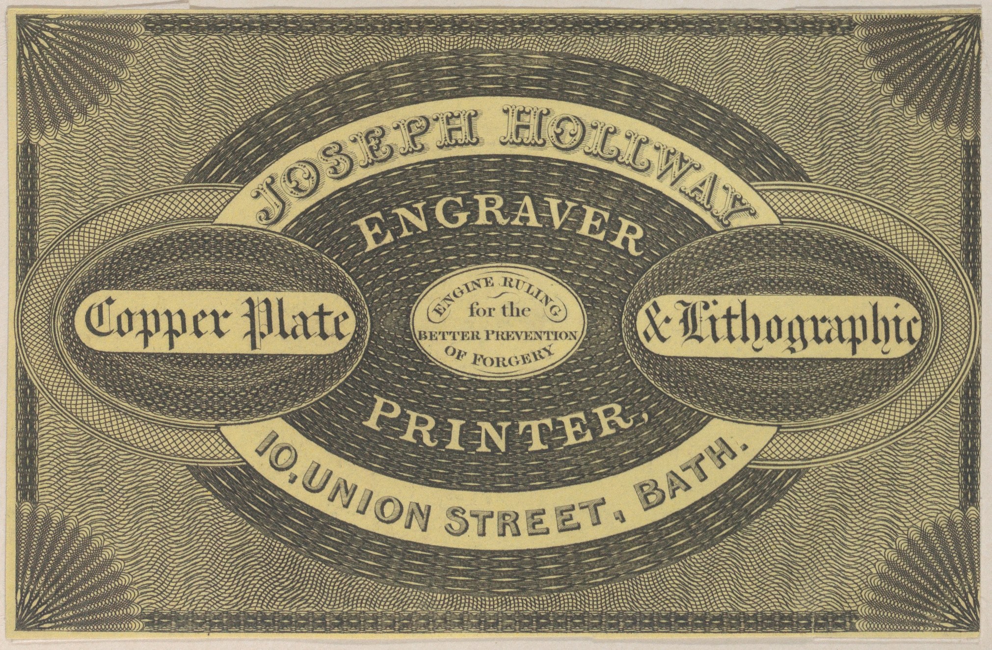 Papier mit 'Joseph Holliday Engraver & Lithographic Printer' in fetter schwarzer Schrift gedruckt, mit goldener Umrandung, einem Schwarz-Weiß-Druckerbild in der Mitte und einer dekorativen Umrandung um den Text.