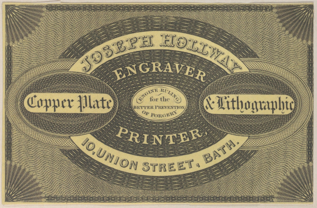 Papier mit 'Joseph Holliday Engraver & Lithographic Printer' in fetter schwarzer Schrift gedruckt, mit goldener Umrandung, einem Schwarz-Weiß-Druckerbild in der Mitte und einer dekorativen Umrandung um den Text.