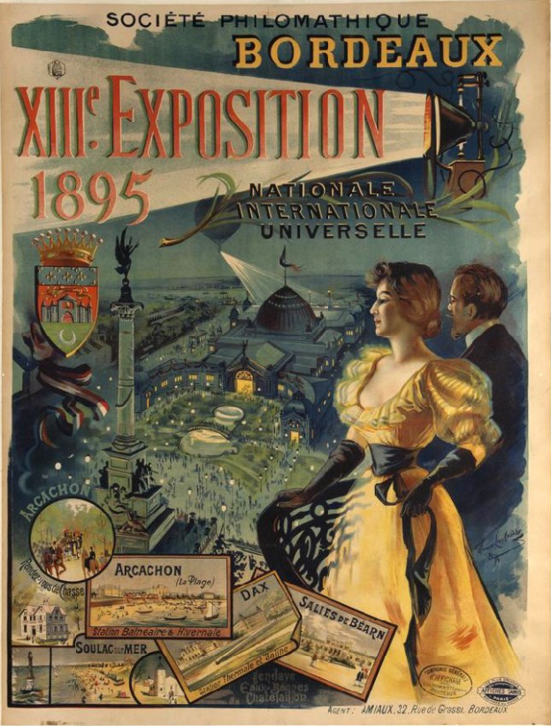 Plakat für die XXII Ausstellung in Bordeaux, Frankreich, das eine Frau in einem langen Kleid und einen Mann in einem Anzug zeigt, die nebeneinander stehen, mit Veranstaltungseinzelheiten.