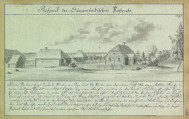 Schwarze und weiße Illustration eines deutschen Landschaftsbildes aus dem Jahr 1897, das ein Gehöft mit umliegenden Häusern, Bäumen und Himmel zeigt, mit der Aufschrift "1897 Deutsches Landschaftsbild mit Farmgebäuden" auf dem Papier.