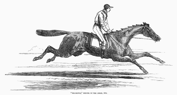 Eine Schwarz-Weiß-Zeichnung eines Jockeys in Hut und langem Mantel auf einem galoppierenden Pferd, mit der Beschriftung "Sieger des Derby 1886" unten.