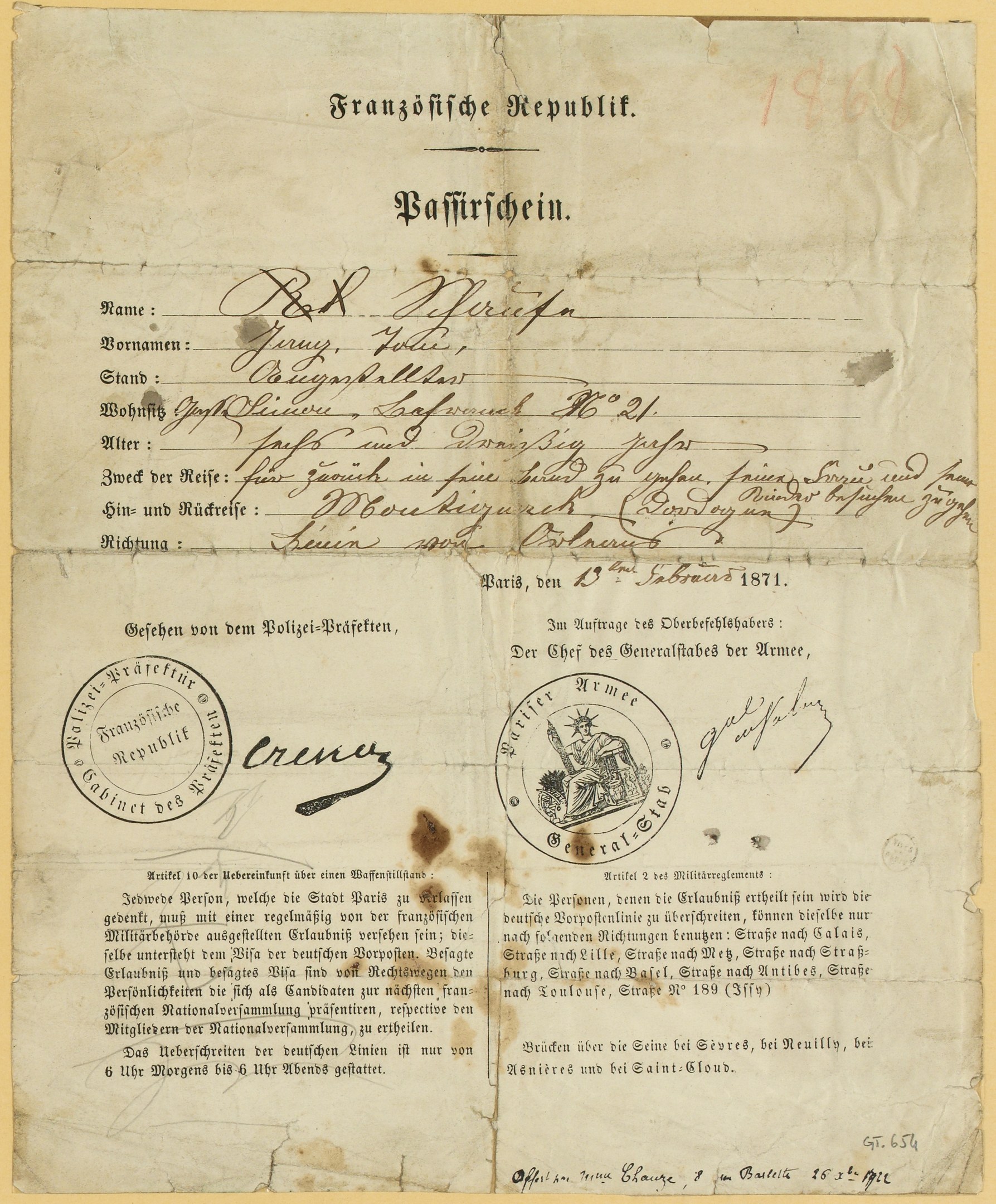 Altes deutsches Regierungsdokument mit einem kreisförmigen, schwarz umrandeten Stempel, gelbem Papier und schwarzer Tinte.