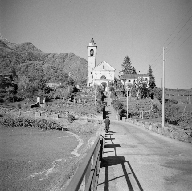 Schwarzes und weiße Foto einer Person, die ein Fahrrad auf einer Straße mit Geländern fährt, umgeben von Bäumen, Gebäuden, Masten, Drähten, Höhen und einem klaren Himmel.
