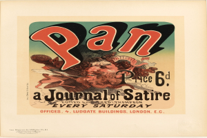 Plakat für "Pan: Eine Satirezeitschrift" mit einer Person in einem weißen Hemd mit kurzen dunklen Haaren und einem ernsten Gesichtsausdruck vor einem weißen Hintergrund.