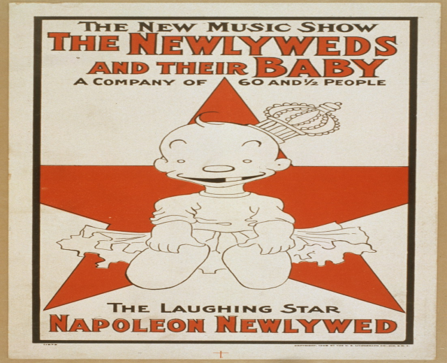 Plakat für "The New Music Show: The Newlyweds and Their Baby" mit einer Cartoon-Baby in einem weißen Onesie mit pinker Schleife, das gegen einen hellblauen Hintergrund mit Sternen und fetter schwarzer Schrift lächelt.