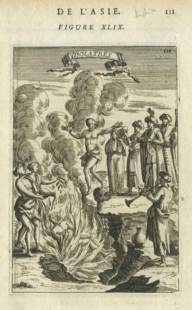 Eine Gravur einer Gruppe von Menschen um ein helles Feuer, mit Rauch, der in die Höhe steigt und an den Wänden leckt, eingerahmt von dem Text "de l'asie figure xlix" auf altem, gelbem Papier.