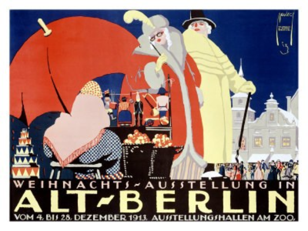 Plakat, das eine Weihnachtsausstellung in Alt-Berlin ankündigt, mit leuchtenden Illustrationen von Menschen, Gebäuden und Gegenständen und der Aufschrift "Weihnachtsausstellung in Alt-Berlin" oben.
