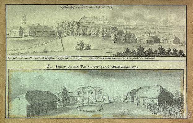 Ein detailliertes Bild eines Hofes in Mecklenburg, Deutschland, aus dem Jahr 1799, das mehrere Gebäude, Bäume und einen Himmel im Hintergrund zeigt, mit der Aufschrift "Kubekhof in Mecklenburg, Deutschland, 1799" unten.
