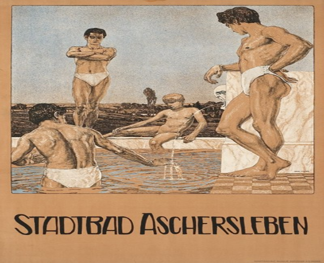 Plakat, das ein Schwimmbad in Aschersleben, Deutschland, bewirbt und Menschen im und um das Wasser zeigt, mit Text, der Details über das Schwimmbad und seine Annehmlichkeiten enthält.