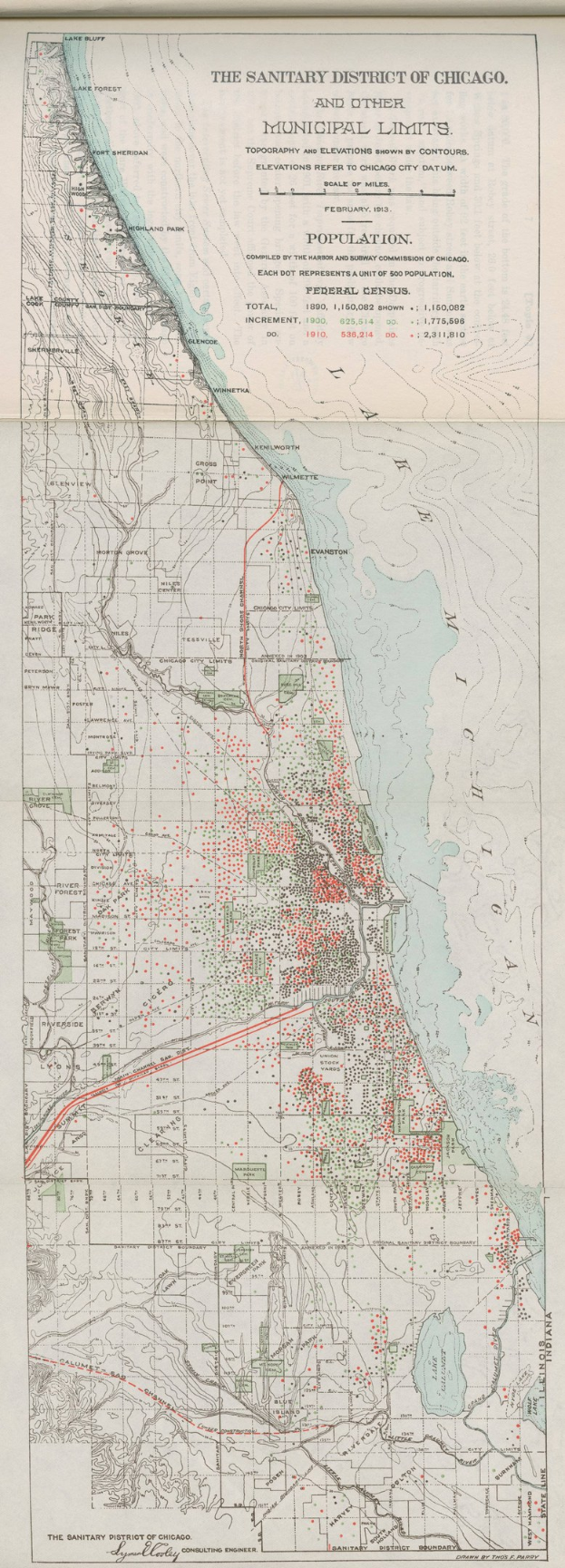 Schwarz-weiß-Karte des Sanitärbezirks Chicago, die die städtischen Grenzen und Textdetails zeigt.