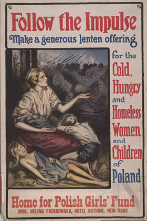 Ein Plakat mit einer Frau in einem weißen Kleid mit ausgestreckten Armen und zwei Kindern auf dem Boden, mit dem Text "Folgt dem Impuls - Macht ein großzügiges Osteropfer für die kalten, hungrigen und obdachlosen Frauen und Kinder Polens."