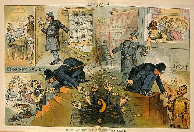 Cartoon-Gerichtsszene mit einem Richter in Anzug und Hut, der einen Stock und ein Buch hält, umgeben von Menschen mit verstreuten Papieren, auf denen "Schweigegeld oder Geld für die Kanalisation" steht.