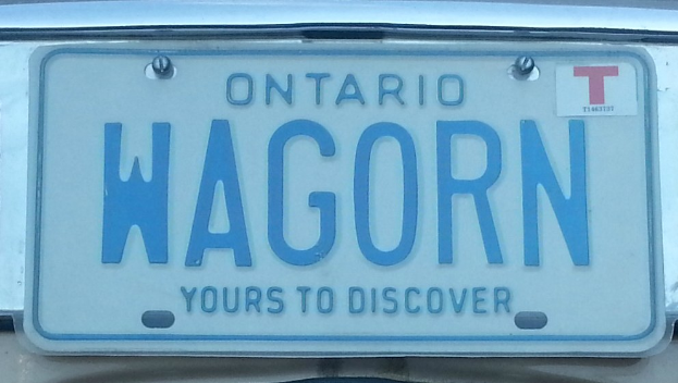 Ein weißes Kennzeichen mit schwarzer fettgedruckter Schrift, die 'Wagorn' in der Mitte zeigt.