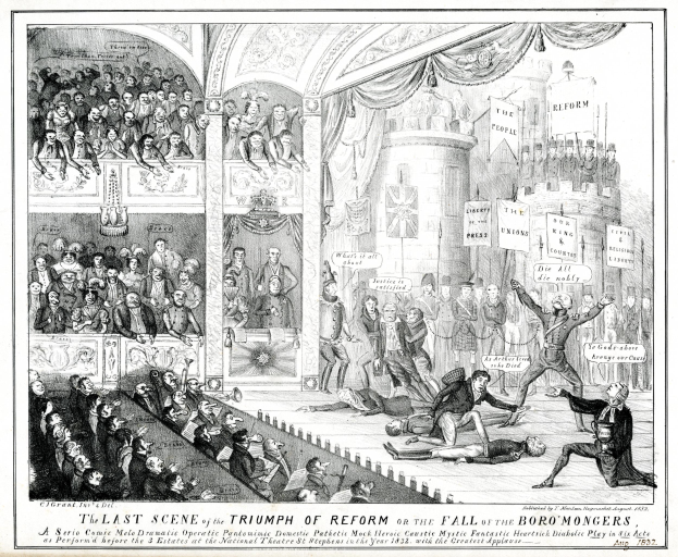 Eine Schwarz-Weiß-Zeichnung einer vollen TheaterSzene, mit Menschen, die stehen, sitzen und auf dem Boden liegen, und einer Person auf der rechten Seite, die ein Schild hält, auf dem "Die letzte Szene des Triumphs der Reform oder der Fall der Boro Mongers" steht.