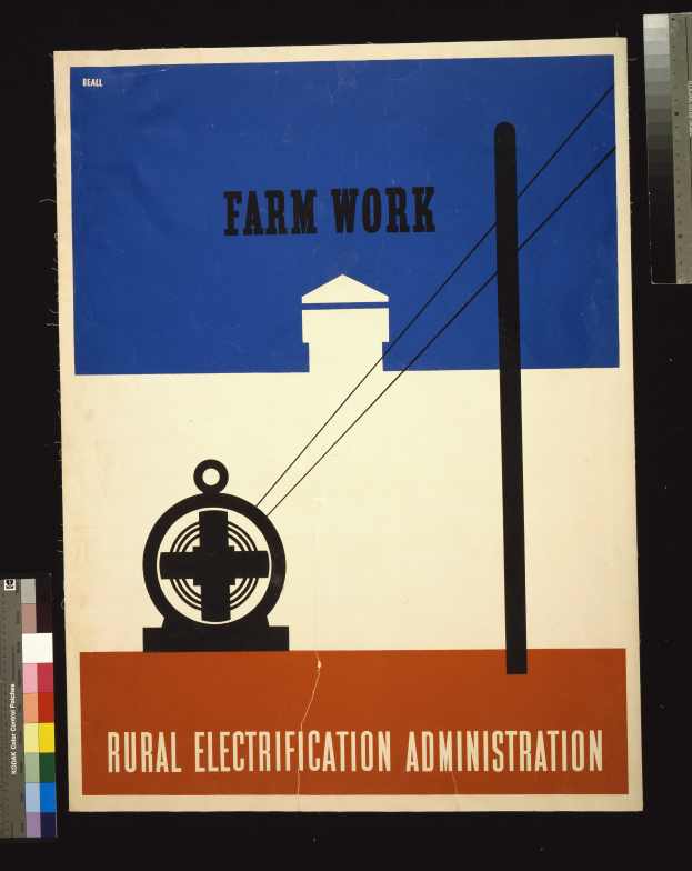 Ein Plakat mit fetter, schwarzer Schrift, die "Farm Work Rural Electricity Administration" auf einem weißen Hintergrund zeigt, eingerahmt von einem schmalen schwarzen Rand, mit einer Grafik eines Bauernhofs mit einem Traktor und einem Bauernhaus im Hintergrund.