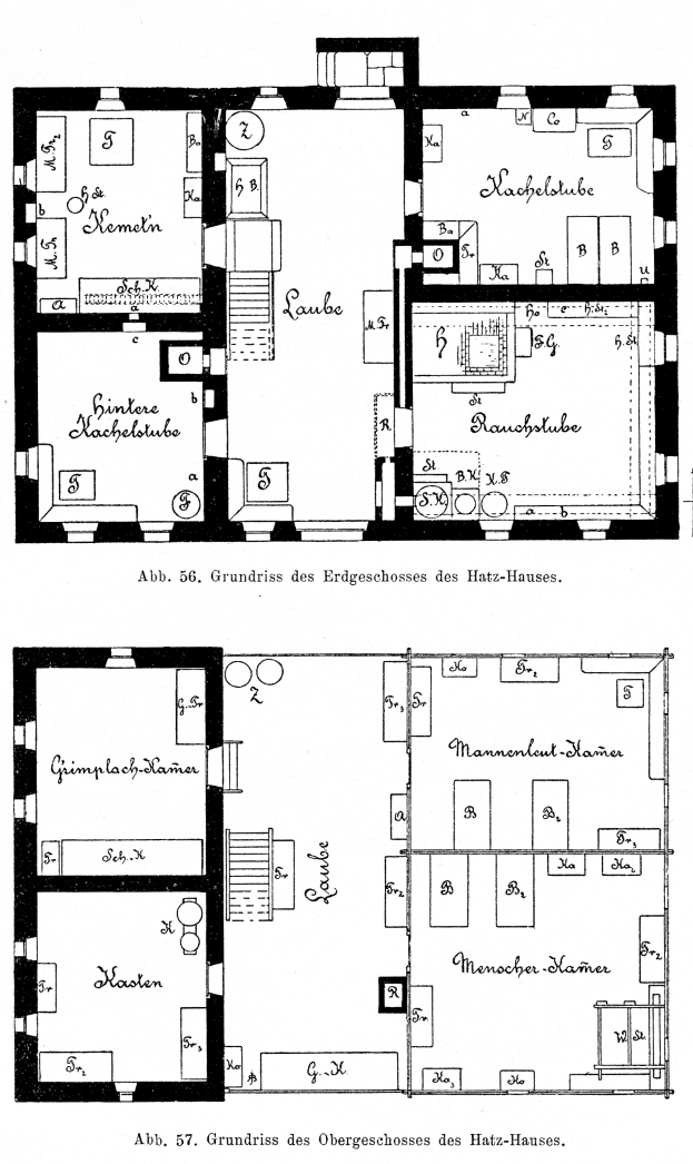 Ein Schwarz-Weiß-Fußbodenplan eines Mehrraumhauses, das als das älteste Deutschlands gilt, mit Textangaben zur Raumzahl und -größe.