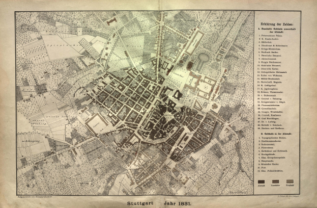 Ein altes Stadtplan von Stuttgart, Deutschland aus dem Jahr 1881, der detaillierte Straßen und Text zeigt.
