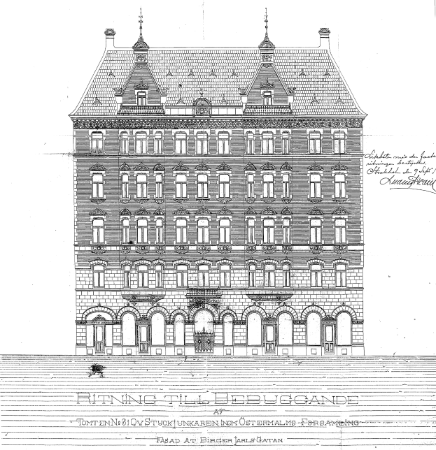 Schwarze und weiße detaillierte Zeichnung des Ritz-Carlton Hotels in Hamburg, Deutschland, mit einem Gebäude mit zahlreichen Fenstern und sichtbarem Text.