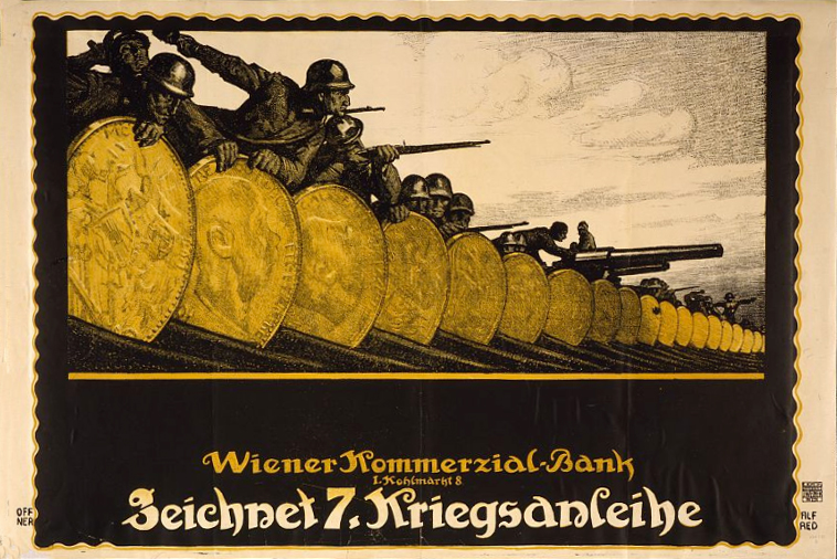 Ein deutsches Propagandaplakat aus dem Zweiten Weltkrieg, das eine Gruppe von Helmlosen zeigt, die Waffen halten, mit dem Text 'Wiener Kommmerzial Bank' unten.