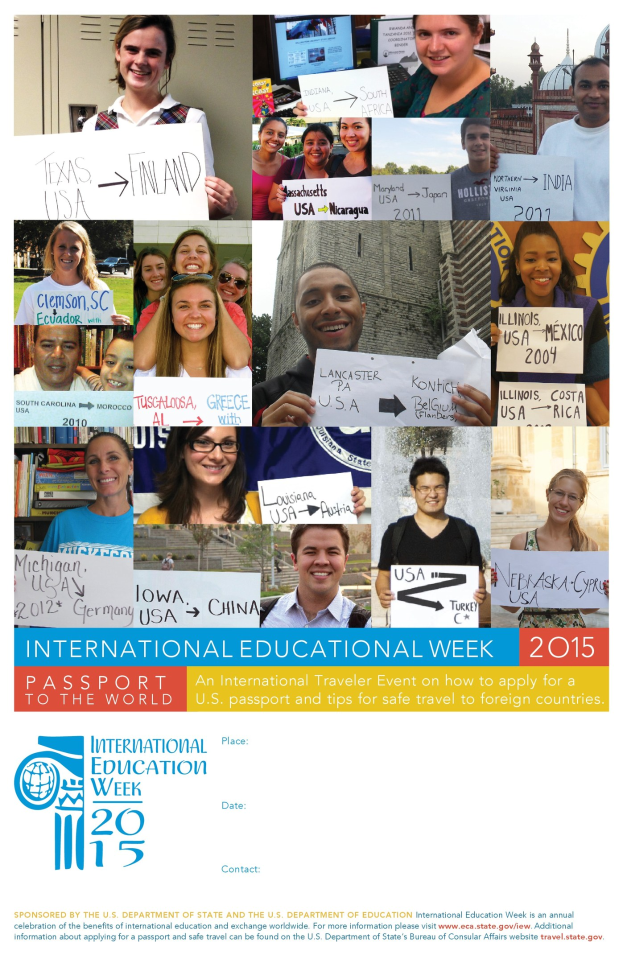 Internationaler Bildungswoche 2015 Plakat mit einer Gruppe von lächelnden Menschen mit Schildern mit textbezogenen Text.