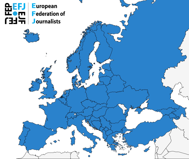 Eine Karte von Europa, die die European Federation of Journalists (EFJ) in Blau hervorhebt, mit zusätzlichen Textdetails.