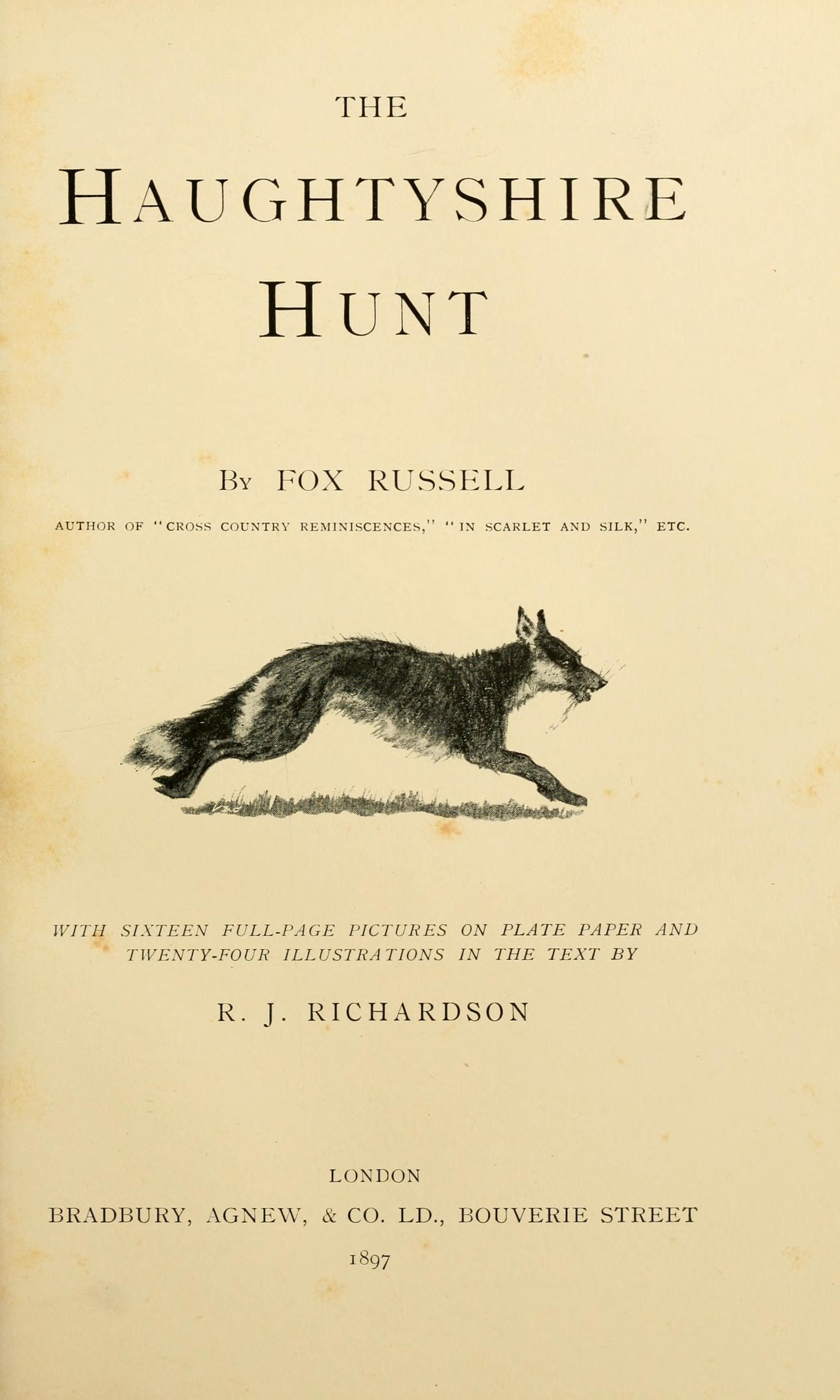 Papier mit einer realistischen Abbildung eines Fuchses und fetter Schrift, die "The Haughshire Hunt by Fox Russell." lautet.
