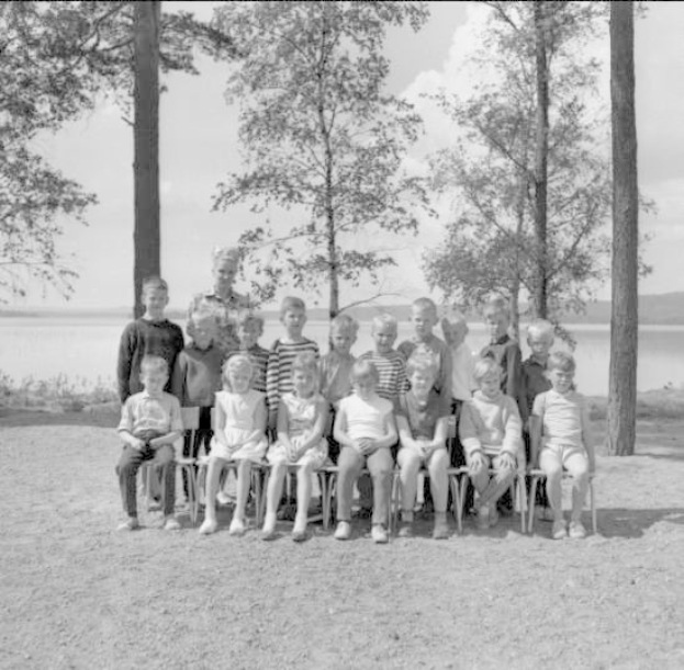 Schwarz-weißes Foto von Kindern, die auf Stühlen sitzen und vor einem See stehen, mit Bäumen, Pflanzen, Hügeln und einem bewölkten Himmel im Hintergrund, beschriftet mit "1940er-Kinder am See."